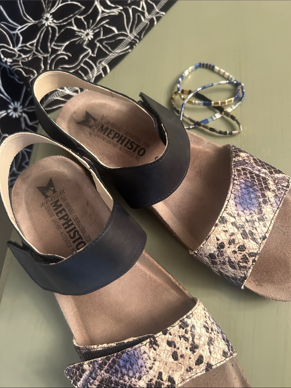 Mephisto Black & Snake-Print Open-Toe Slingback Sandals